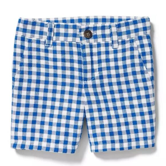 Janie and Jack, Blue Gingham Checker Plaid Linen Blend Shorts, Adjustable Boys 5 - Picture 1 of 14